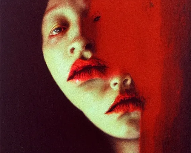 Image similar to by francis bacon, beksinski, mystical redscale photography evocative lips. kat dennings uma thurman christina hendricks tilda swinton