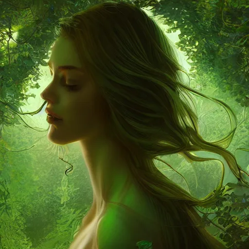 Image similar to a highly detailed digital rendering of a young woman surrounded and engulfed in green leaves, artstation, detailed woman, stunning volumetric lighting, elegant, fantasy, 4k