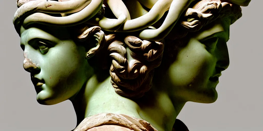 Image similar to ancienr greek sculpture, bust, multiple poses, flawless beauty, young woman as medusa