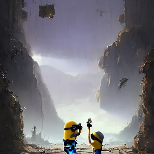 Image similar to Minions eating banana, Matte painting , detailed painting, greg rutkowski