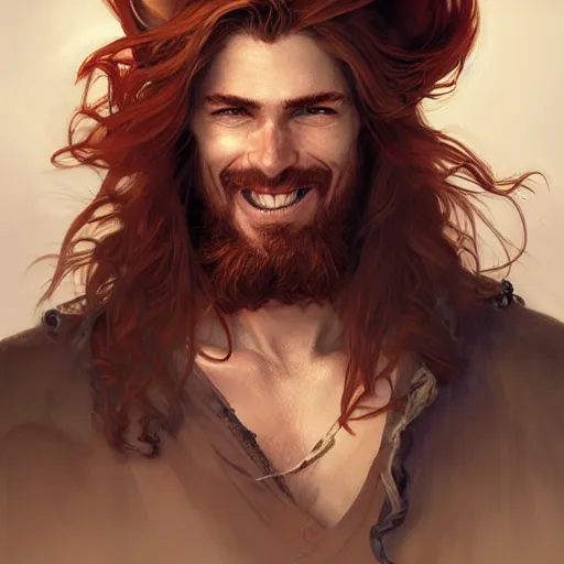 Image similar to portrait of a young ruggedly handsome but joyful pirate, male, masculine, upper body, red crimson hair, long flowing hair, fantasy, wide grin, intricate, elegant, highly detailed, digital painting, artstation, concept art, matte, sharp focus, illustration, art by artgerm and greg rutkowski and alphonse mucha