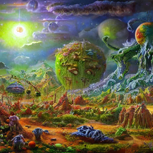 Image similar to extraterrestrial rebirth of life in the land as new era of peace and prosperity begins, flowers and fruits, banners, on ancient post - apocalyptic planet, jim henson creature shop, vivid and colorful, thomas kincaid, cinematic, oil painting, highly detailed, illustration