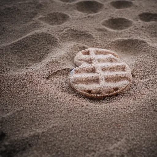 Image similar to an eggo waffle in the sand on the beach, high quality photograph, sigma 8 5 mm f / 8