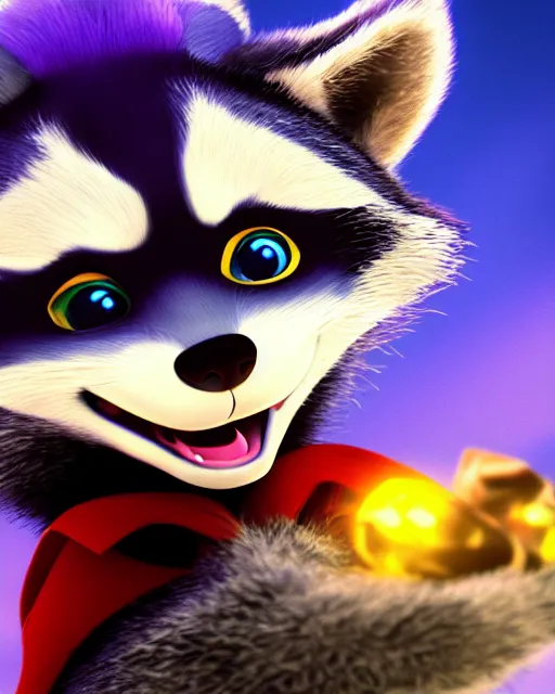 Prompt: closeup portrait of furry sly cooper raccoon holding a magical gem in a crystl cave, disney, pixar,