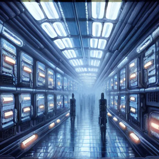 Image similar to ultra realist intricate detailed painting of a room full of cryo pods, blade runner, sci - fi, very intricate details, female in focus, 8 k resolution, volumetric lighting, artstyle hiraku tanaka, award winning