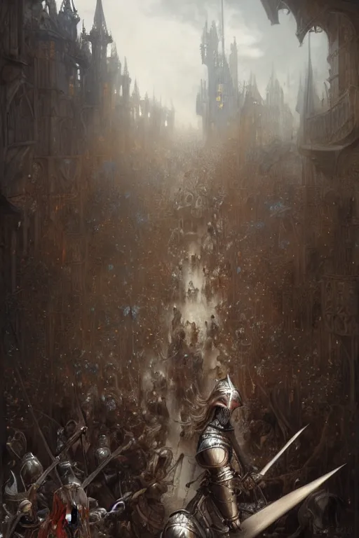 Image similar to medieval parade of knights, holiday, by wlop, by luis royo, by peter mohrbacher, concept art, digital illustration, intricate, masterpiece, elegant, super detailed, unreal engine rendering, smooth, sharp focus, artstation hq