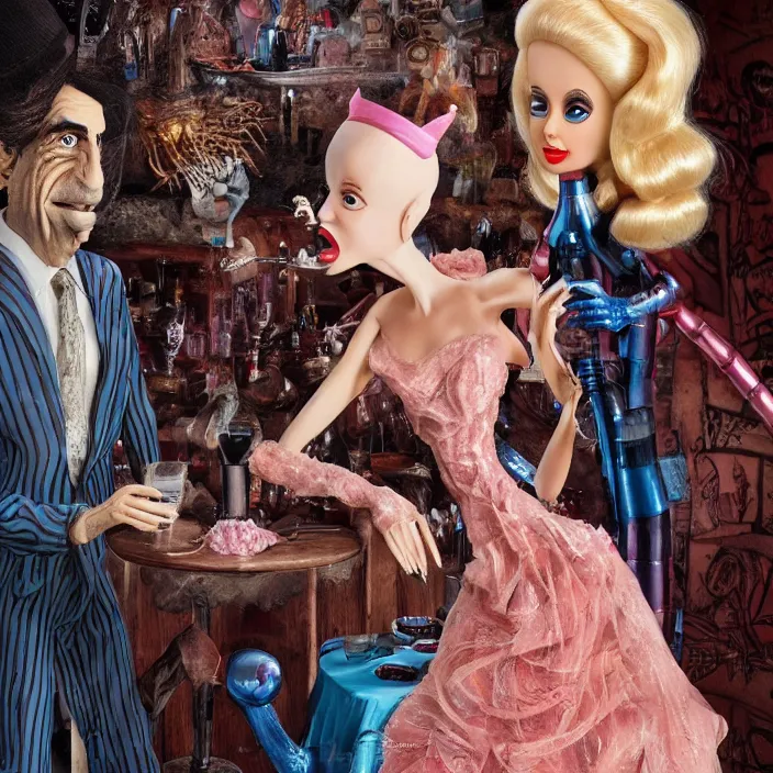 Image similar to anthropomorphic ken & barbie getting drunk, photorealism by h. r. giger, tim burton, full colour spectrum, supersampled, 8 k, beautify