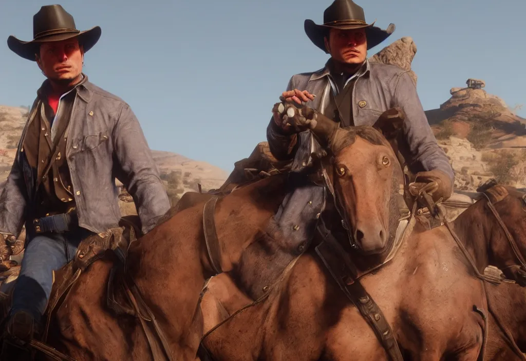 Image similar to elon musk in the red dead redemption 2, elon musk in the video game red dead redemption 2, gameplay screenshot, close up, 3 d rendering. unreal engine. amazing likeness. very detailed.