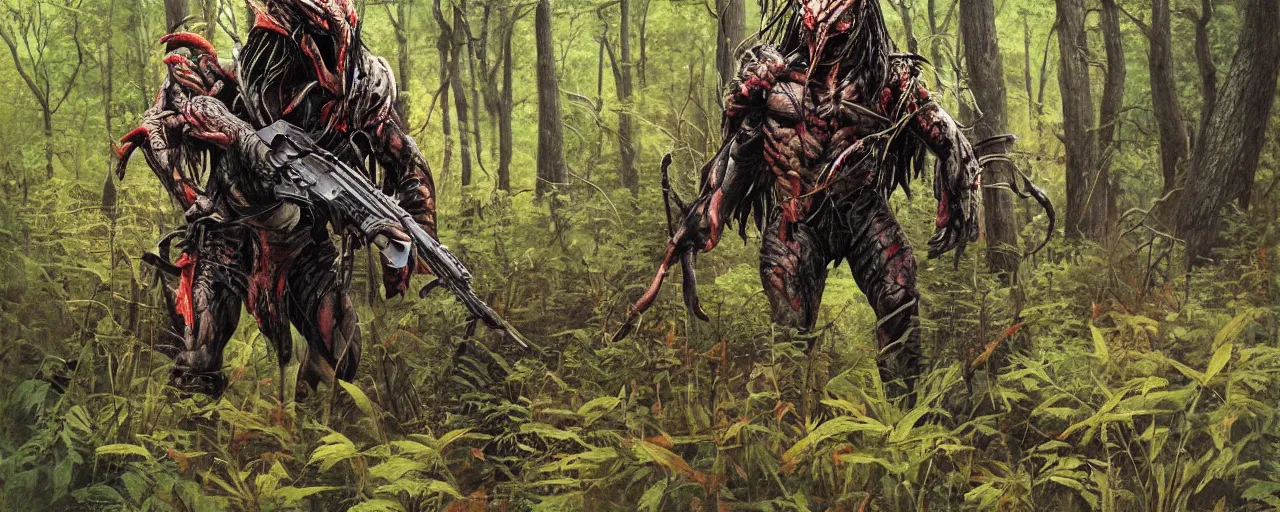 Image similar to the predator roaming the woods with a rifle, red eyes, Donald McAlpine