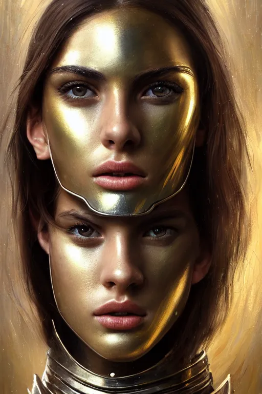 Prompt: a photo-realistically painted portrait of an attractive young woman, partially clothed in metal-plated battle armor, abstract background, flawless olive skin, fair complexion, long dark hair, beautiful bone structure, perfectly symmetric facial features, perfect photorealistic eyes, natural physique, intricate, elegant, digital painting, concept art, finely detailed, beautifully illustrated, sharp focus, minimal artifacts, volumetric lighting, from Metal Gear, by Ruan Jia and Mandy Jurgens and Artgerm and William-Adolphe Bouguerea, in the style of Greg Rutkowski, trending on Artstation, award winning art
