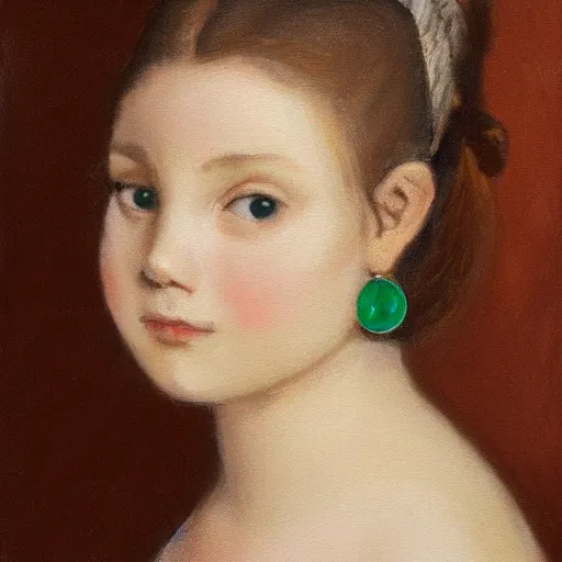 Image similar to a portrait of a young girl wearing an emerald earring. The girl is looking over her shoulder at the viewer with a sly expression on her face. naturalistic style with soft, muted colors. The girl's face is the only part of the painting that is in sharp focus. The rest of the painting is done in a soft, blurry style. The girl's face is lit from the left, creating a soft, halo-like effect around her head. The emerald earring is the only source of light in the painting. an oil tronie painting by Johannes Vermeer.