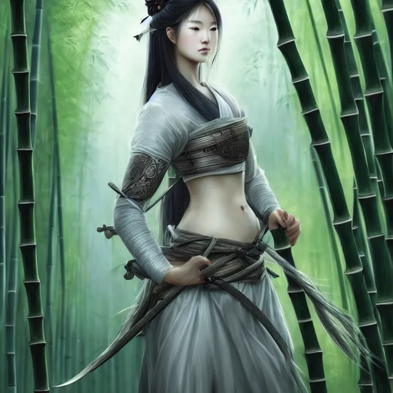 Prompt: cute female samurai wearing pristine armor cutting through bamboo forest by charlie bowater and titian and artgerm, portrait, intricate, face, bamboo, anime, flowing hair, grey eyes, elegant, green mist, highly detailed, dramatic lighting, sharp focus, trending on artstation, artstationhd, artstationhq, unreal engine, 4 k, 8 k
