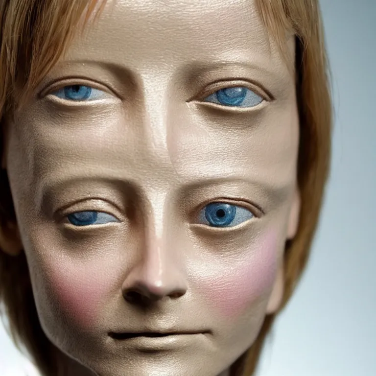 Image similar to beautiful close - up studio photograph of colorful postmodern portrait sculpture of jodie foster, beautiful symmetrical!! face accurate face detailed face realistic proportions, made of spray - painted beeswax on a pedestal by ron mueck and matthew barney and greg rutkowski, hyperrealism cinematic lighting shocking detail 8 k