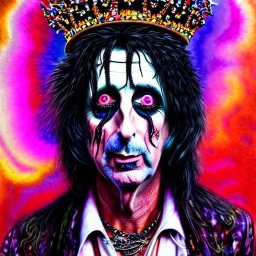 Prompt: An extremely psychedelic portrait of Alice Cooper wearing a crown, surreal, LSD, face, detailed, intricate, elegant, lithe, highly detailed, digital painting, artstation, concept art, smooth, sharp focus, illustration