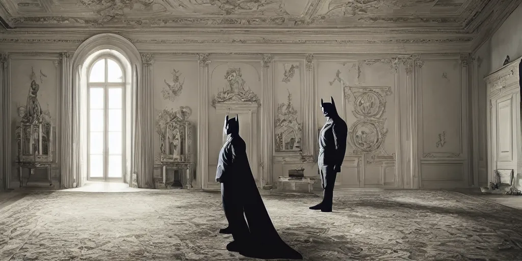 Image similar to Batman standing in giant Italian modern castle living room, clean minimalist design, that is 1300 feet tall, with very tall giant walls filled with modern art paintings, doors that are cosmic portals, photo by Annie Leibovitz