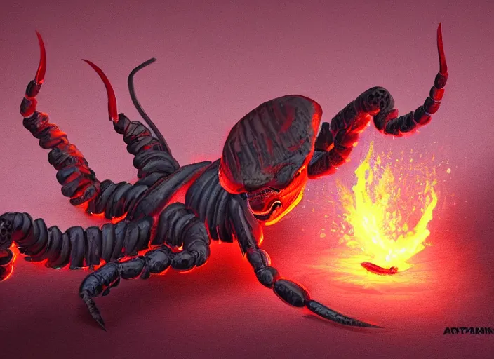 Prompt: magical scorpion with red glowing eyes, digital art, trending on artstation by Austen Menger