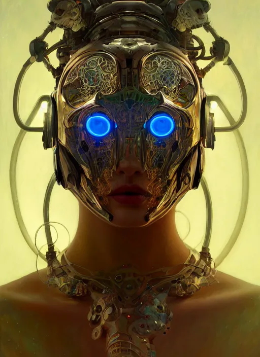 Image similar to organic cyborg, neon bear mask, diffuse lighting, fantasy, intricate, elegant, highly detailed, lifelike, photorealistic, digital painting, artstation, illustration, concept art, smooth, sharp focus, art by John Collier and Albert Aublet and Krenz Cushart and Artem Demura and Alphonse Mucha