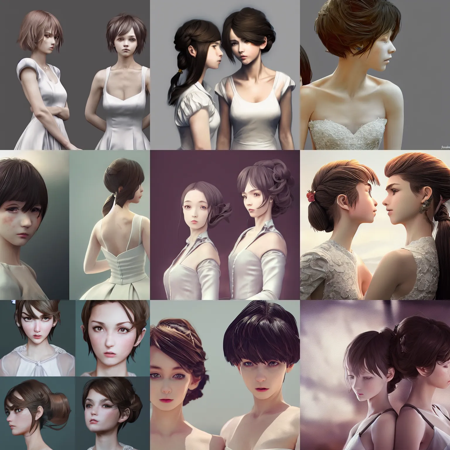 Prompt: worksafe. insanely detailed. by wlop, ilya kuvshinov, krenz cushart, greg rutkowski, pixiv. zbrush sculpt, octane, maya, houdini, vfx. two gorgeous young cg gentle girlish feminine sissy boys with ponytail hair, in bridal dress, posing together, in luxury advertisement. cinematic dramatic atmosphere, sharp focus, volumetric lighting