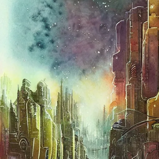 Image similar to Beautiful happy sci-fi city in harmony with nature. Nice colour scheme, soft warm colour. Beautiful detailed watercolor by Lurid. (2022)