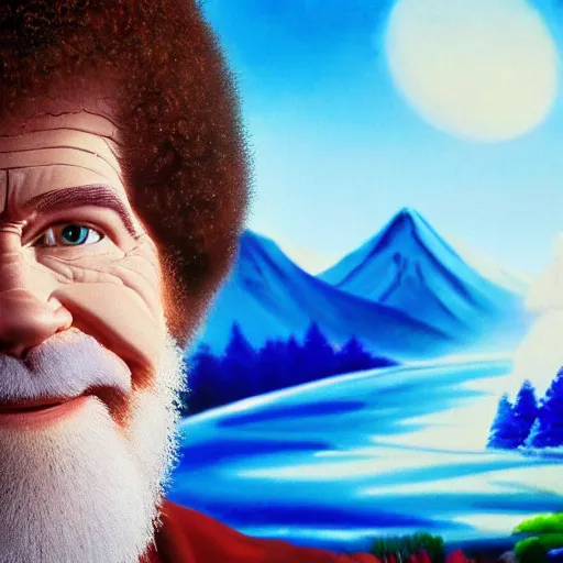 Image similar to a closeup photorealistic photograph of bob ross working on a canvas painting sonic the hedgehog. film still. brightly lit scene. mountain scape. this 4 k hd image is trending on artstation, featured on behance, well - rendered, extra crisp, features intricate detail, epic composition and the style of unreal engine.