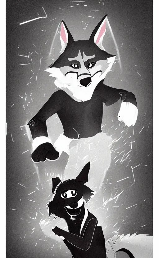 Image similar to “wolf in the style of zootopia in a dark room, dodging lasers, dramatic in the style of zootopia”