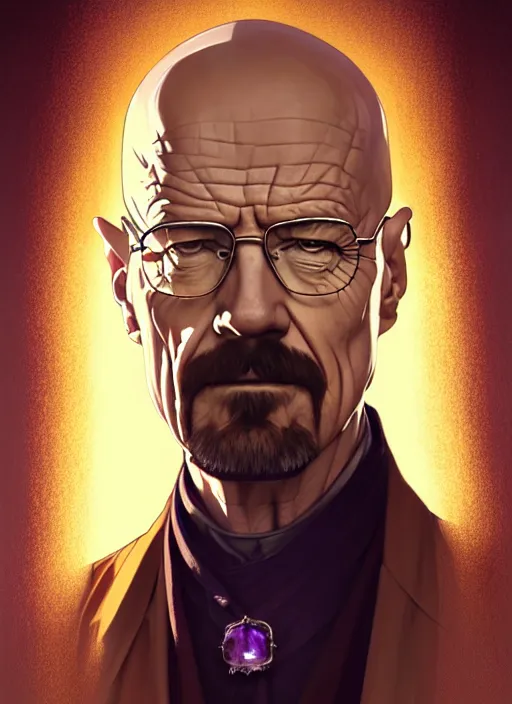 Image similar to portrait of walter white as king, throne, jewelry, greek, amethyst, intricate, headshot, highly detailed, digital painting, artstation, concept art, sharp focus, cinematic lighting, illustration, art by artgerm and greg rutkowski, alphonse mucha, cgsociety