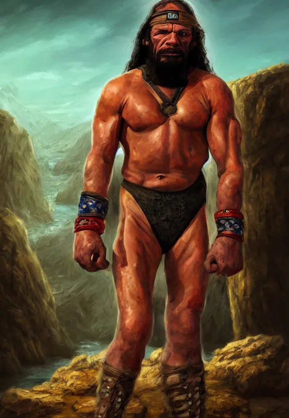 Image similar to a solitary wrestler randy savage with an anchor slung over his shoulder alone in a rocky desolate wasteland | portrait | hd 4 k | fantasy impressionist oil painting | middle earth | pathfinder | artstation | conan | darksun | d & d dungeons and dragons | barbarian