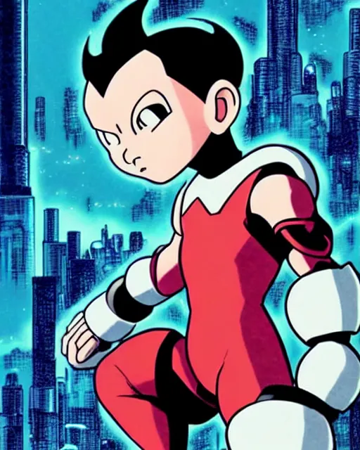 Prompt: a close up portrait of Astro boy in the style of Megaman, weapon on a ready looking determined overlooking a cyberpunk city in the background, full face portrait composition, 2D drawing by Mike Mignola, Yoji Shinkawa, flat colors, chiaroscuro lighting