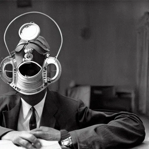 Prompt: man wearing a reel projector mask, in a suit, 1960 photograph