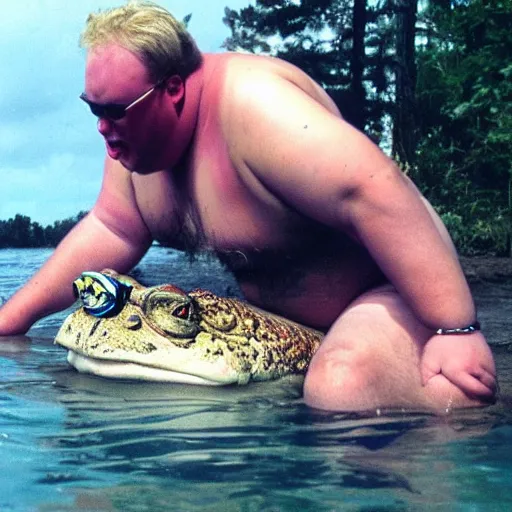 Prompt: a leaked, dramatic, color photo of a fat man caught the worlds largest toad. the fat man is very very sweaty, has long blonde hair, is wearing a swimsuit, 1 9 9 8 sunglasses and he is screaming in pleasure