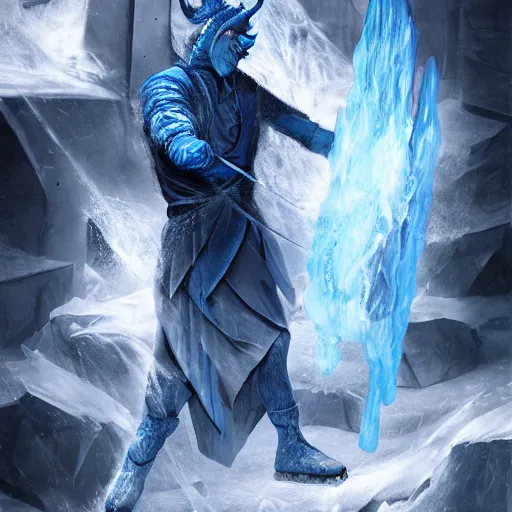 Prompt: a blue tiefling man frozen in a block of ice and being shattering into a million pieces, block of ice breaking apart, wearing dark cloths, ice block, cracked, destroyed, shattering, breaking, by Tony Sart, detailed, realistic, masterpiece