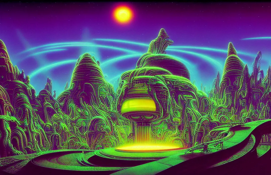 Image similar to cosmic sci - fi alien temple, infinite psychedelic waves, synthwave, bright neon colors, highly detailed, cinematic, panoramic, tim white, michael whelan, roger dean, bob eggleton, lisa frank, vladimir kush, kubrick, james gurney, giger