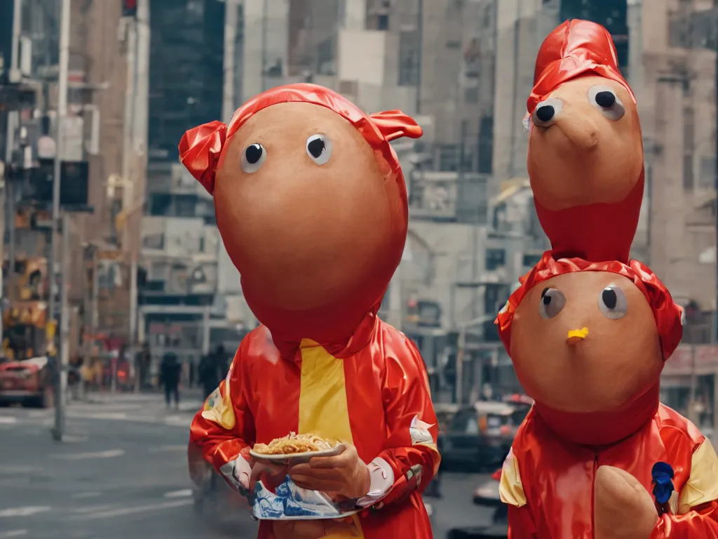 Prompt: Tim Robinson in a hot dog suit looking concerned, cinematic, film still, 8K High Definition