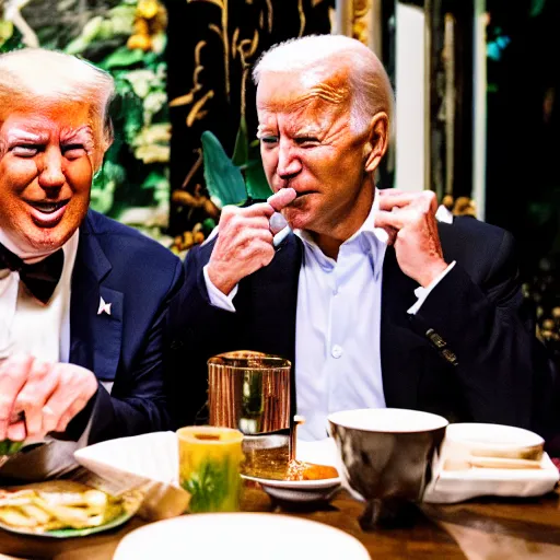 Image similar to Trump and Biden having dinner at a fancy Balinese restaurant, award winning photography, 85mm, perfect faces