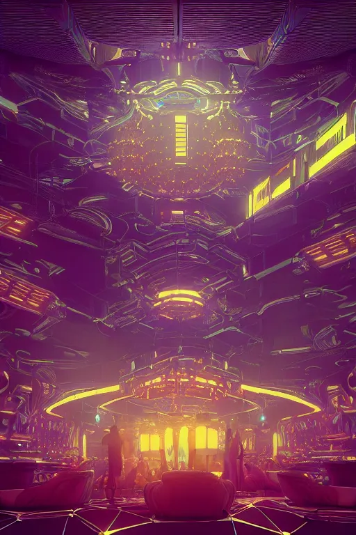 Prompt: a centered render of intricate modular synthesizer futuristic nightclub surrounded by ethereal lights and fractal geometry, cinematic, beautifully lit, by artgerm, by beeple, by karol bak, by donato giancola, by atelier olschinsky, 3 d, trending on artstation, octane render, 8 k