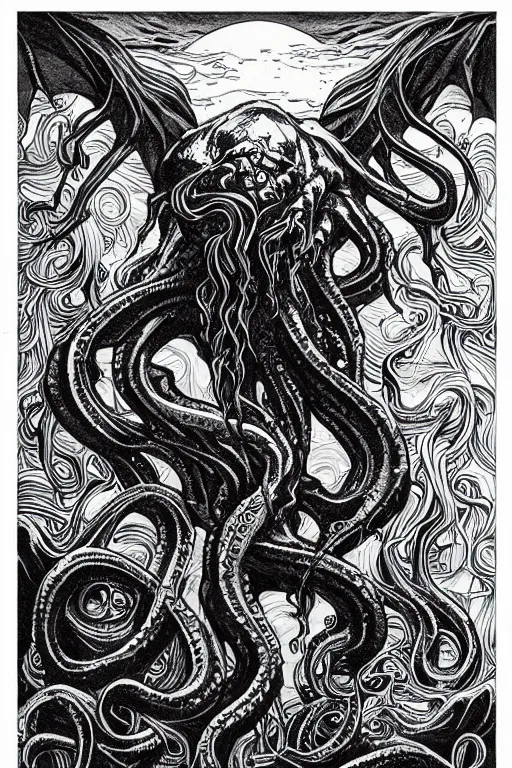 Prompt: cthulhu rising from the water, movie poster, black ink on paper, trending on artstation, beautiful, intricate, detailed