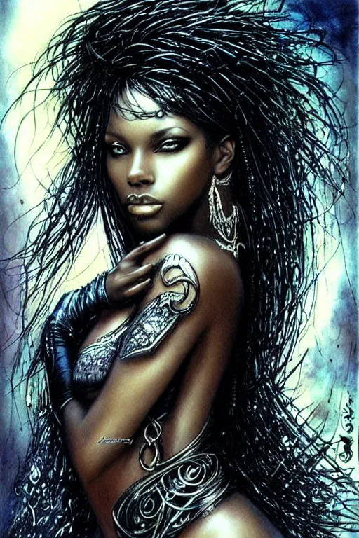 Image similar to a beautiful black goddess, fantasy, portrait, sharp focus, intricate, elegant, illustration, ambient lighting, art by Luis Royo