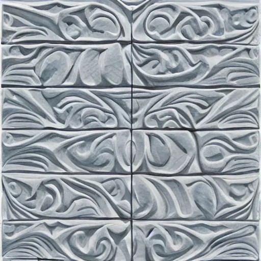 Prompt: serpentine maze, fine details, fractal swirls, carved soapstone relief paneling white and pale blue