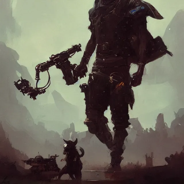 Prompt: a painting of an outlaw with a mechanical animal by greg rutkowski, dark fantasy art, high detail, trending on artstation