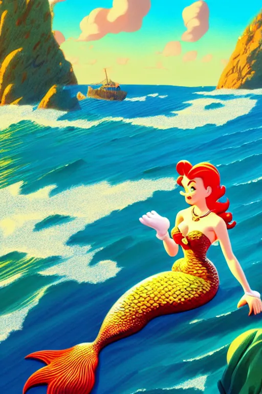 Prompt: mermaid, above the sea, sunny day, scenery wallpaper aesthetic, beautiful, cinematic, dramatic, super detailed and intricate, hyper realistic, 4 k render, by carl barks, by darwyn cooke, by kentaro miura, by koson ohara,