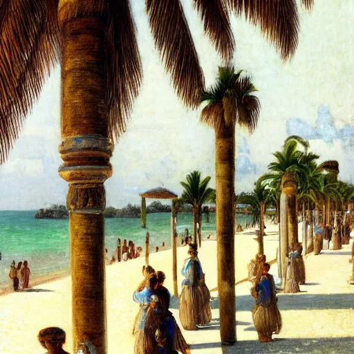 Prompt: a ultradetailed beautiful painting of the amazonas palace balustrade designed by jules bastien - lepage, tarsila do amaral, frank weston and gustave baumann, beach, trending on artstation, mediterranean, palm trees, detailed face, sharp focus, soft light, 8 k 4 k