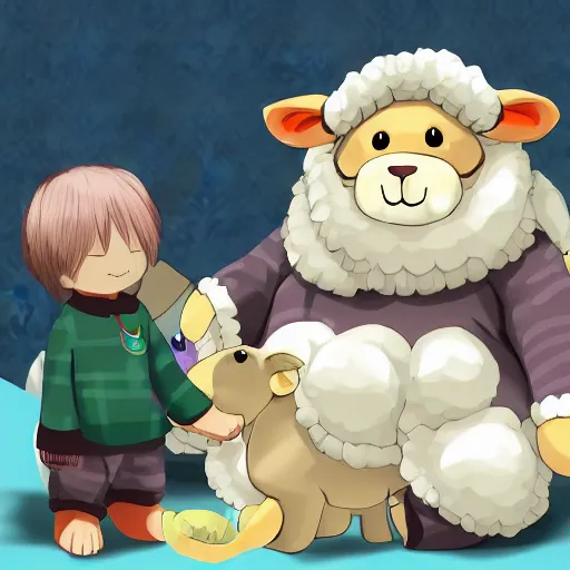 Image similar to Wakan Tanka from Tokyo Afterschool summoners wearing sheep patterned pajamas while snuggling with a sheep plushie, 4k, very detailed, painting