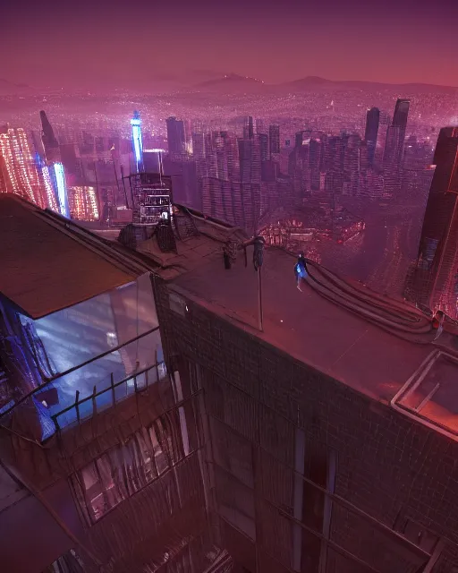 Image similar to a night rooftop scene, neon lights in the city below, close up shot of a photorealistic gangster wearing a trench coat looking at the city below, global illumination, unreal engine, hyper realism