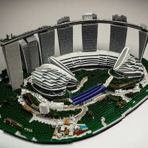 Prompt: a lego model of Marina Bay Sands, highly detailed, museum lighting