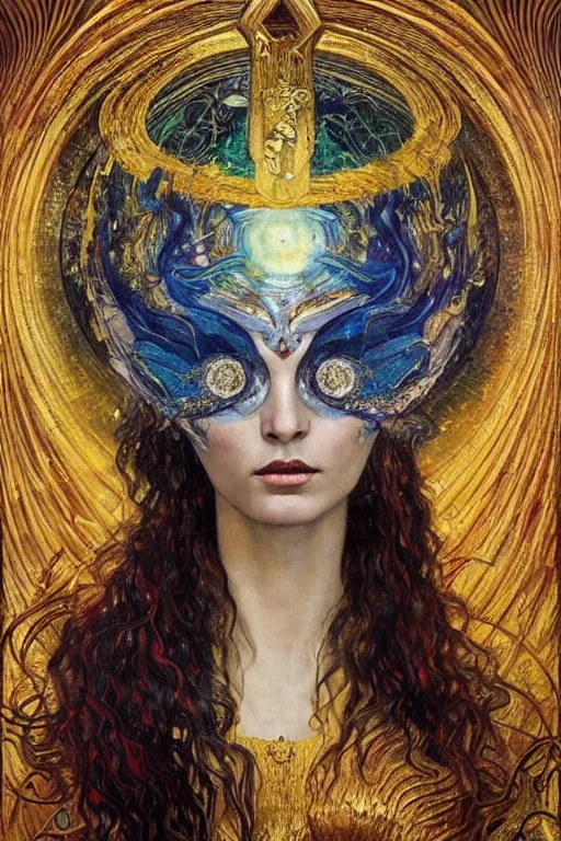 Prompt: Intermittent Chance of Chaos Muse by Karol Bak, Jean Deville, Gustav Klimt, and Vincent Van Gogh, beautiful inspiring portrait, trickster goddess, enigma, Loki's Pet Project, destiny, Poe's Angel, fate, Surreality, inspiration, muse, otherworldly, fractal structures, arcane, ornate gilded medieval icon, third eye, spirals