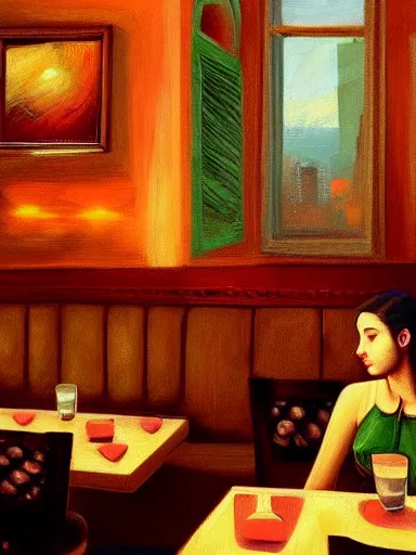 Image similar to masterpiece painting by salman toor, of a guy and a girl on a date in a restaurant, cinematic light, renaissance, atmospheric effects, artstation