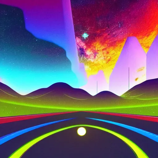 Image similar to interior of cosmic highway created by the gods, beautiful colors, bold architecture, detailed, 4 k