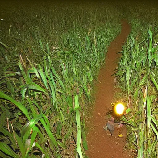 Prompt: trail cam footage of ominous floating corn cobs, nighttime trail cam