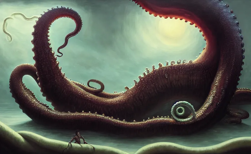 Prompt: matte oil painting of a large lovecraftian tentacle creature crawling over a child's bedroom, extremely detailed, disturbing, cinematic, 4 k, 8 k