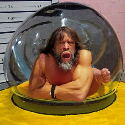 Image similar to randy savage trapped in a giant hamster ball